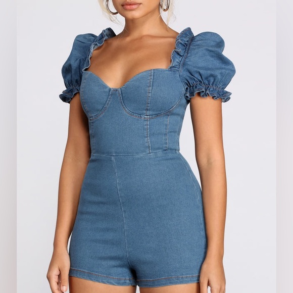 Denim Puff sleeved Romper - Size Small - Picture 3 of 6